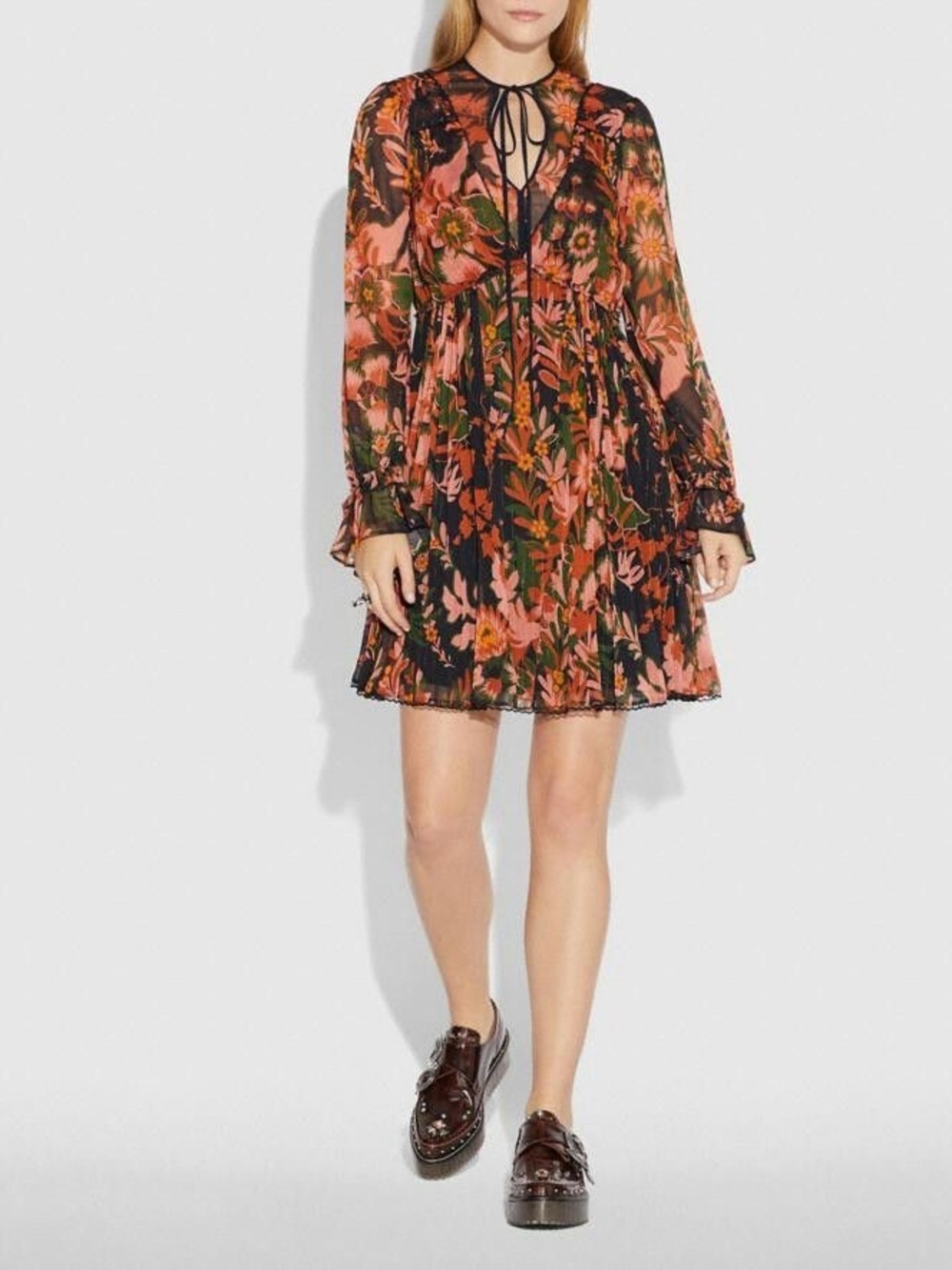 Coach Forest Orange Green Floral Print Pleated Long Sleeve Tie Neck Dress Size 6